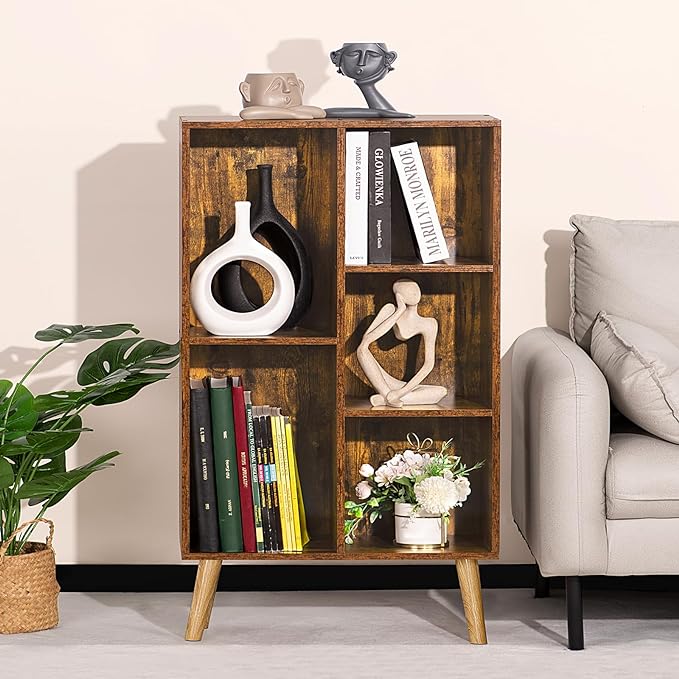 LEYAOYAO 5 Cube Small Bookshelf,3 Tier Mid-Century Bookcase with Legs,Wood Bookshelves Storage Organizer Shelf,Narrow Book Shelves,Brown Bookcases - LeafyLoom