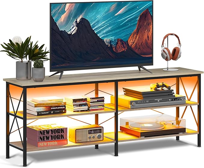 WLIVE TV Stand up to 70 Inch TV, 63" Entertainment Center with LED, TV Media Console with 3-Tier Storage Shelves for Living Room and Bedroom, Greige - LeafyLoom