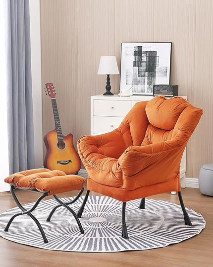 Lazy Chair and Ottoman, Large Accent Lounge Chair with Armrests and a Side Pocket, Modern Leisure Upholstered Sofa Reading Armchair with Footrest for Bedroom, Living Room, Dorm Rooms, Office - LeafyLoom