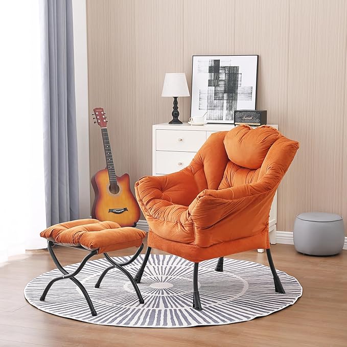 Lazy Chair and Ottoman, Large Accent Lounge Chair with Armrests and a Side Pocket, Modern Leisure Upholstered Sofa Reading Armchair with Footrest for Bedroom, Living Room, Dorm Rooms, Office - LeafyLoom