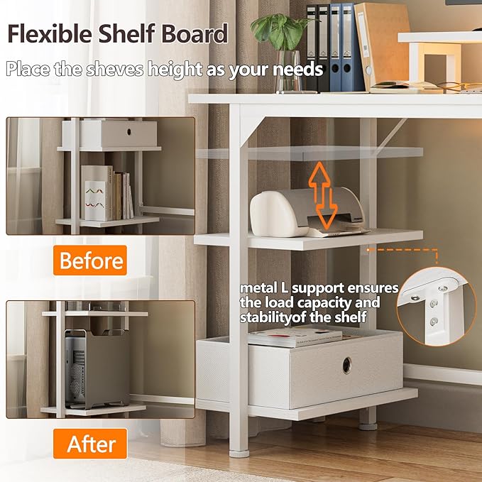 Furologee White Gaming Desk with Charging Station and LED Lights, 55" Office Computer Desk with Reversible Shelves and Fabric Drawer, Study Table with Monitor Stand and 2 Hooks for Home Office - LeafyLoom