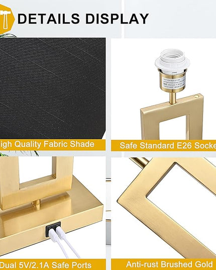22'' Black&Gold Lamps for Bedrooms Set of 2, Touch Control Table Lamps with USB Ports, 3-Way Dimmable Bedside Nightstand Lamps, Modern Table Lamps for Living Room End Table, LED Bulbs Included - LeafyLoom