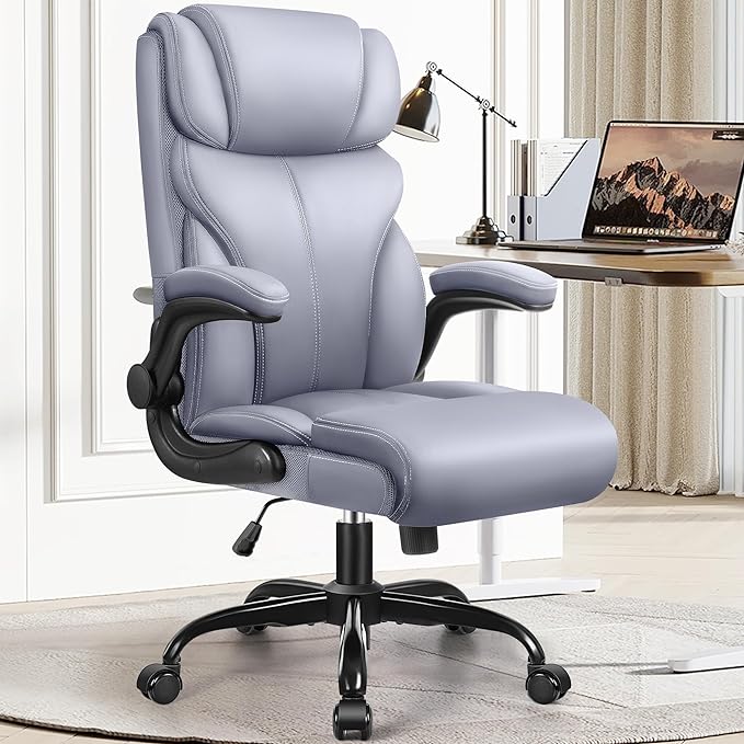 Office Chair, Ergonomic Big and Tall Computer Desk Chairs, Executive Breathable Leather Chair with Adjustable High Back Flip-up Armrests, Lumbar Support Swivel PC Chair with Rocking Function - LeafyLoom