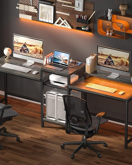 Unikito Two Person Desk with LED Light and Power Outlet, Double Computer Desks with Monitor Stand and Printer Stand, Double Gaming Computer Desk, Long Gaming Desk, Home Office Work Desk, Black Oak - LeafyLoom