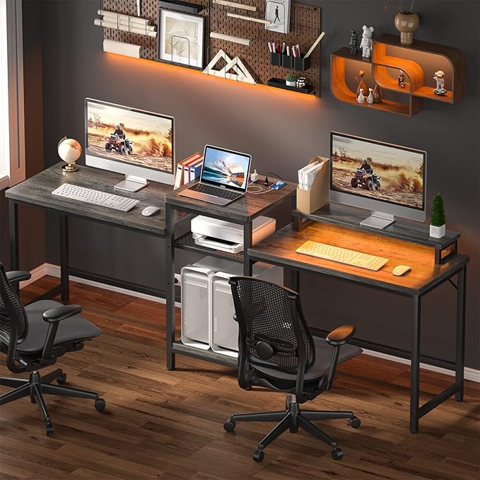 Unikito Two Person Desk with LED Light and Power Outlet, Double Computer Desks with Monitor Stand and Printer Stand, Double Gaming Computer Desk, Long Gaming Desk, Home Office Work Desk, Black Oak - LeafyLoom