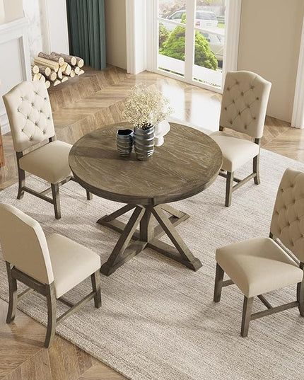 RITSU 5-Piece Retro Style Dinette Sets with Round Extendable Kitchen Dining Table, 4 Upholstered Chairs, for Diningroom Living Room, Easy to Assemble, Natural Wood Wash 2 - LeafyLoom
