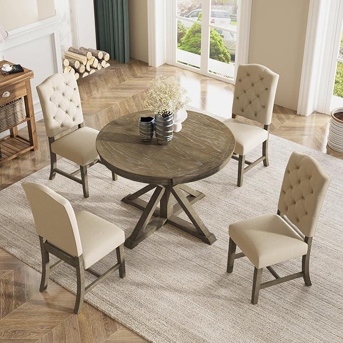 RITSU 5-Piece Retro Style Dinette Sets with Round Extendable Kitchen Dining Table, 4 Upholstered Chairs, for Diningroom Living Room, Easy to Assemble, Natural Wood Wash 2 - LeafyLoom