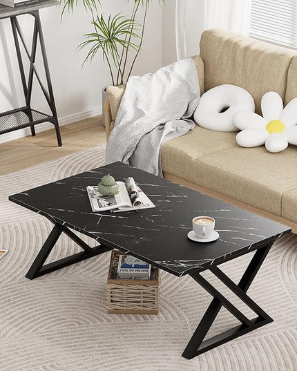 Coffee Table Living Room Table Black Center Table, Simple Modern Faux Marble Rectangular Tea Table with Sturdy Black-Finished Metal Frame,Industrial Wooden Coffee Table for Bedroom Home Office - LeafyLoom