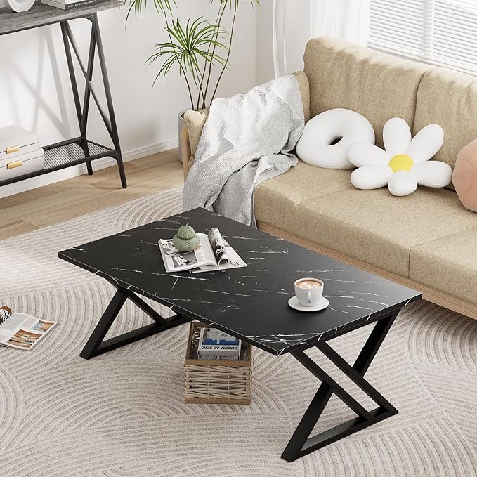 Coffee Table Living Room Table Black Center Table, Simple Modern Faux Marble Rectangular Tea Table with Sturdy Black-Finished Metal Frame,Industrial Wooden Coffee Table for Bedroom Home Office - LeafyLoom