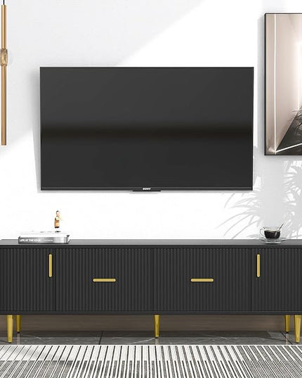 67 Inch TV Stand, Modern Television Stands with 2 Drawers and 2 Cabinets, Stylish Entertainment Center with 5 Champagne Legs for Living Room and Bedroom, Black - LeafyLoom