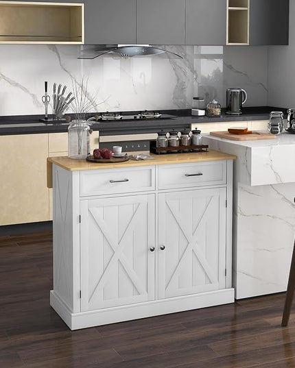 HOMCOM Rolling Kitchen Island with Drop Leaf Wood Breakfast Bar, Farmhouse Kitchen Cart with 2 Drawers, Adjustable Shelves for Dining Room, White - LeafyLoom