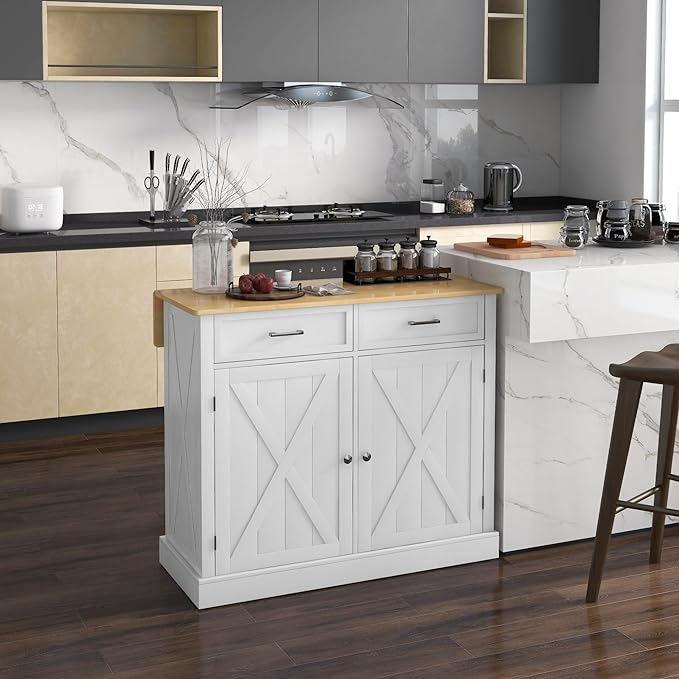 HOMCOM Rolling Kitchen Island with Drop Leaf Wood Breakfast Bar, Farmhouse Kitchen Cart with 2 Drawers, Adjustable Shelves for Dining Room, White - LeafyLoom