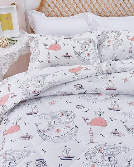 JSD Girls Mermaid Twin Comforter Set for Girls, 2 Piece Kids Printed Comforter with Pillow Sham, Soft Comfortable Machine Washable - LeafyLoom