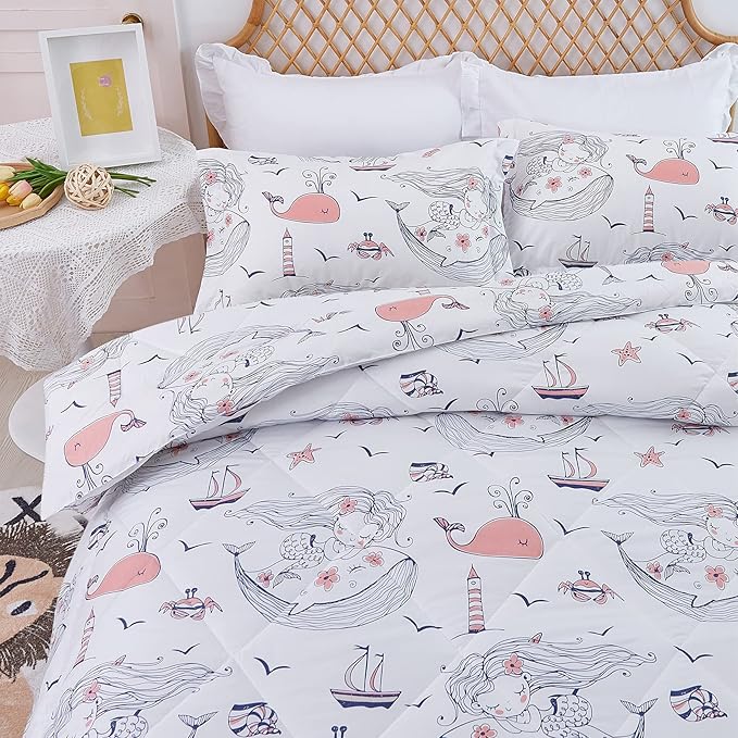 JSD Girls Mermaid Twin Comforter Set for Girls, 2 Piece Kids Printed Comforter with Pillow Sham, Soft Comfortable Machine Washable - LeafyLoom