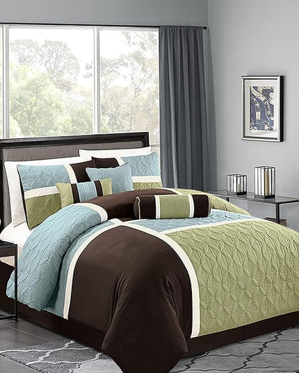 Chezmoi Collection 7-Piece Quilted Patchwork Comforter Set, Coffee Brown/Aqua Blue/Sage Green, Queen - LeafyLoom