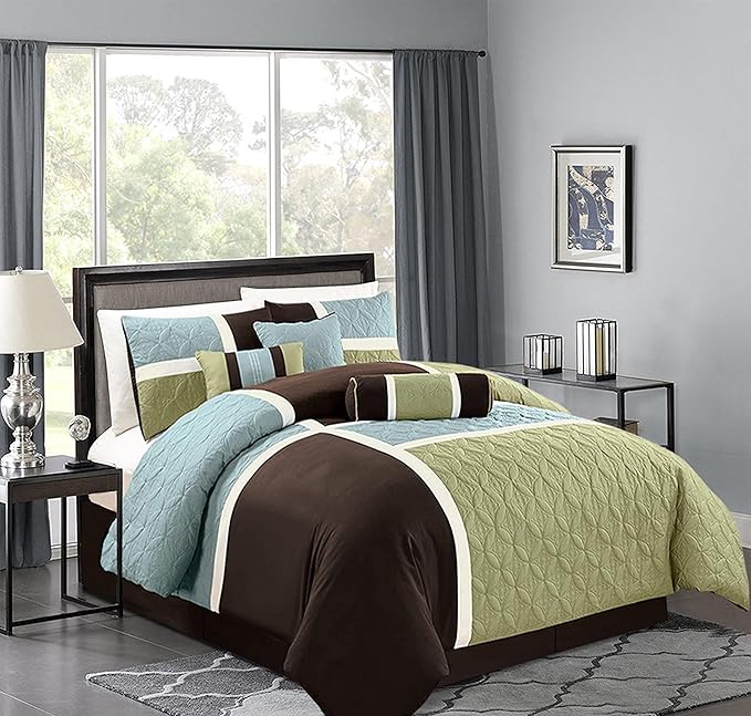Chezmoi Collection 7-Piece Quilted Patchwork Comforter Set, Coffee Brown/Aqua Blue/Sage Green, Queen - LeafyLoom