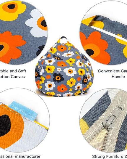 YuppieLife Kids Storage Bean Bag Cover（No Filling）Toy Organizer|Carrying Handle Sofa|Available for Kids and Teenager|Cuddle Chair|Machine Washable and Durable（27“,Grey Flora） - LeafyLoom