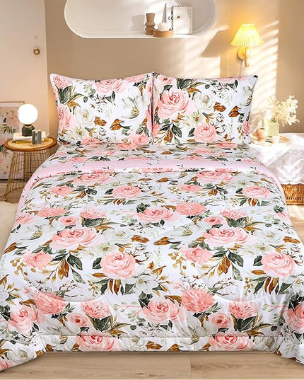DILIMI Twin Comforter Set for Girls, Reversible Pink Floral Comforter Twin Size Bed, 5 Pieces Ultra Soft Twin Bedding Sets with Comforter, Flat Sheet, Fitted Sheet, 2 Pillowcase - LeafyLoom