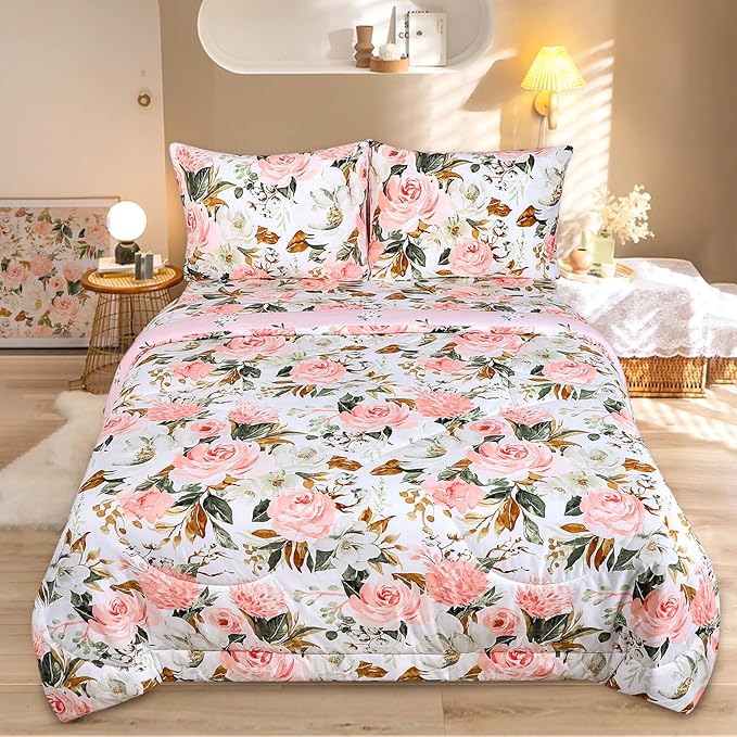 DILIMI Twin Comforter Set for Girls, Reversible Pink Floral Comforter Twin Size Bed, 5 Pieces Ultra Soft Twin Bedding Sets with Comforter, Flat Sheet, Fitted Sheet, 2 Pillowcase - LeafyLoom