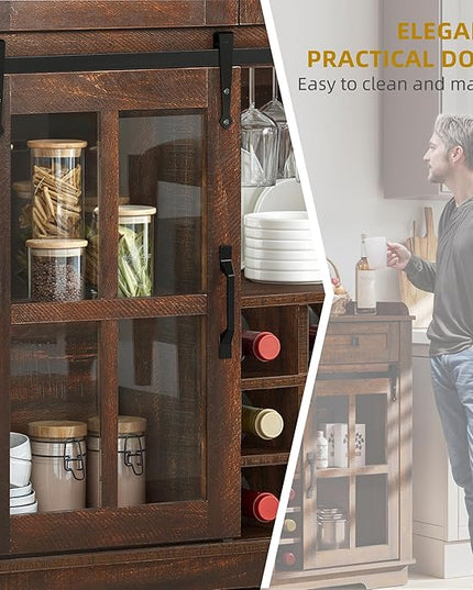 DWVO Farmhouse Coffee Bar Cabinet with Sliding Door and Drawers, 53" Kitchen Sideboard Buffet Cabinet, Home Bar Cabinet with Wine Rack for Kitchen Living Room, 3 Drawers Storage Cabinet, Brown Oak - LeafyLoom