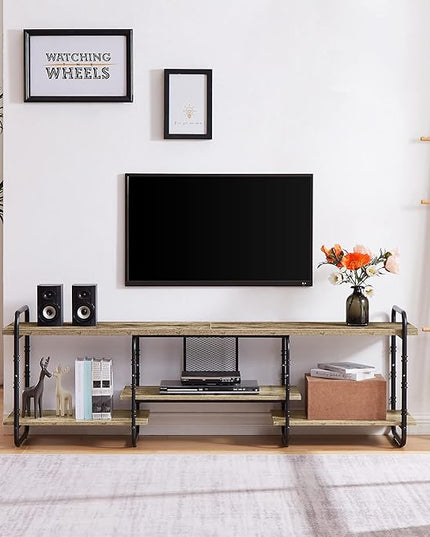 VECELO Industrial Television Entertainment Center Console Stand with Three Open Storage Shelves for Living Room/Bedroom, Classic Grey, 75 inch TV, Gray - LeafyLoom
