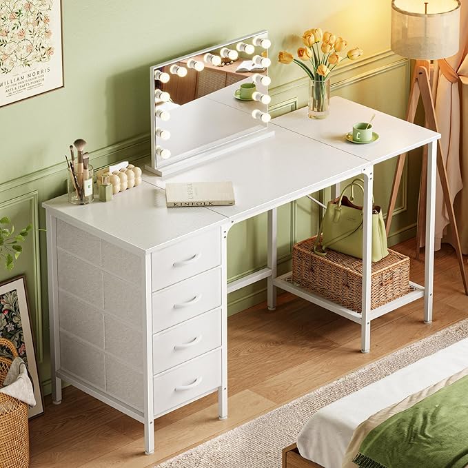 55 Inch Computer Desk with 4 Drawers, Office Desk with Mesh Shelf, Gaming Desk, Large Storage, Writing Desk Work Desk for Home Office, Study, Bedroom, Work from Home, White - LeafyLoom