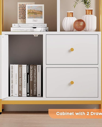 IDEALHOUSE Bookshelf with Drawers Modern Bookcase Storage Rack Shelf Tall Standing Bookshelves Metal Frame Large Gold Display Racks Book Shelf for Bedroom, Living Room, Home Office - LeafyLoom