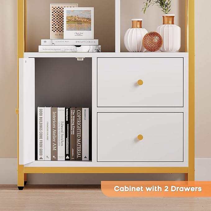 IDEALHOUSE Bookshelf with Drawers Modern Bookcase Storage Rack Shelf Tall Standing Bookshelves Metal Frame Large Gold Display Racks Book Shelf for Bedroom, Living Room, Home Office - LeafyLoom