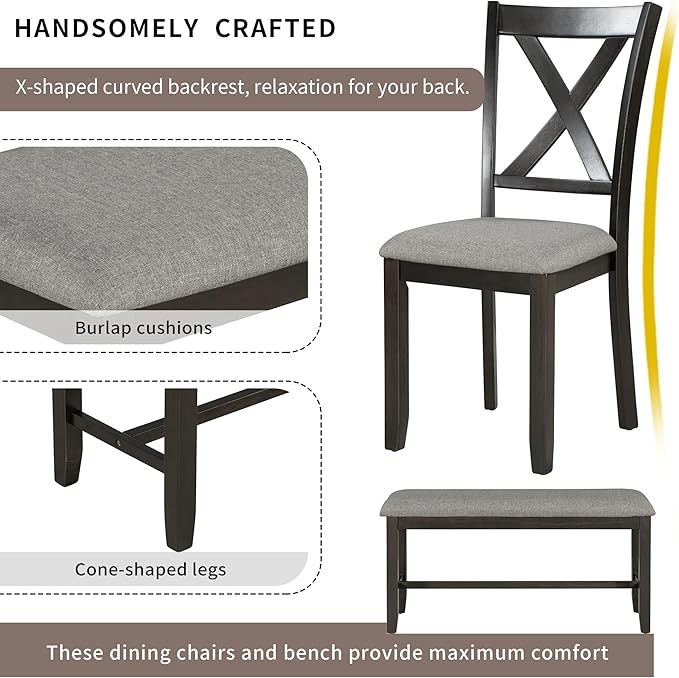 6-Piece Classic Dinette Sets Rectangular Wooden Kitchen Dining Table, 4 Fabric Chairs & Bench, for Diningroom Living Room, Easy to Assemble, Espresso 4 - LeafyLoom