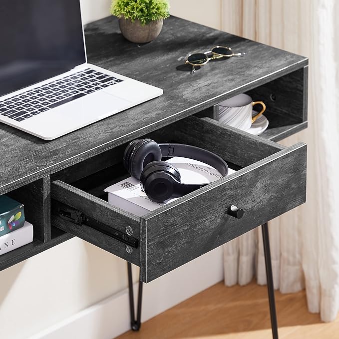 VECELO 39.3" Home Office Work Table with Drawers Computer Desk Writing/Study, 39 Inch Hairpin Legs, Charcoal Grey - LeafyLoom