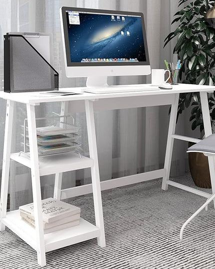 Natwind 51" White Desk with 2-Tier Storage Shelves,Home Office Computer Desk, Study Table for Kids Student Girls,Writing Desk,Modern Simple Basic Desk Workstation for Bedroom Home Office - LeafyLoom
