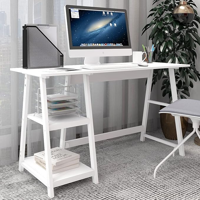 Natwind 51" White Desk with 2-Tier Storage Shelves,Home Office Computer Desk, Study Table for Kids Student Girls,Writing Desk,Modern Simple Basic Desk Workstation for Bedroom Home Office - LeafyLoom