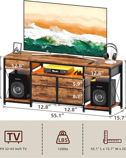 LED TV Stand with Power Outlet and 6 Fabric Drawers for 55 60 65 Inch TVs, Entertainment Center with Media Console and Open Storage Shelves, Dresser TV Stand for Bedroom/Living Room,Brown - LeafyLoom