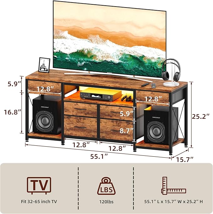 LED TV Stand with Power Outlet and 6 Fabric Drawers for 55 60 65 Inch TVs, Entertainment Center with Media Console and Open Storage Shelves, Dresser TV Stand for Bedroom/Living Room,Brown - LeafyLoom