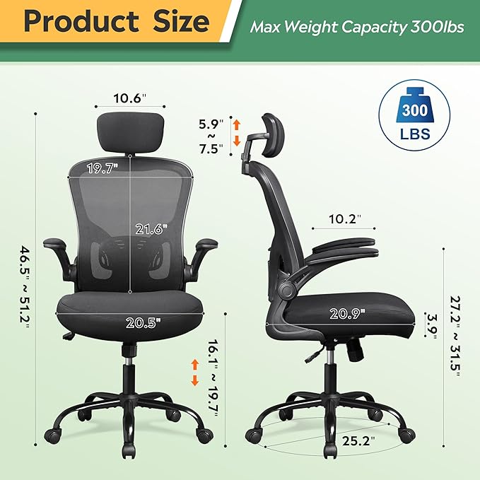 DEVAISE Mesh Computer Office Chair, High Back Ergonomic Desk Chair with Flip-up Armrests and Adjustable Headrest, Backrest and Lumbar Support, Black - LeafyLoom