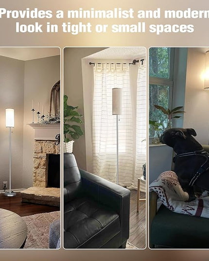 Ambimall Floor Lamp for Living Room with 3 Color Temperatures Bulb, 64" Standing lamp with Linen lampshade for Bedroom, Minimalist Pole Lamp, Beige Shade & Silver Pole - LeafyLoom