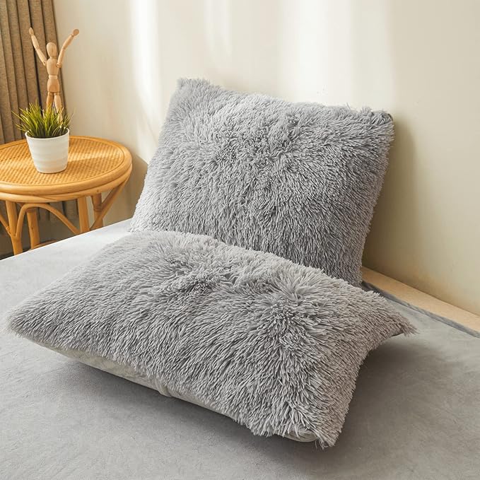 Fluffy gray comforters Cover twin size - Ultra Soft Plush gray bedding Sets 2 Pieces (1 faux fur comforter Cover + 1 fuzzy pillow case) girls shaggy gray twin bed set (Gray, Twin) - LeafyLoom