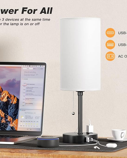 Dicoool 18Inch Tall Bedroom Lamps with USB C and A Ports 3 Color Temperatures - Pull Chain White Nightstand Bedside Table Lamp with AC Outlet, Side Lamp for Living Room End Table - LeafyLoom