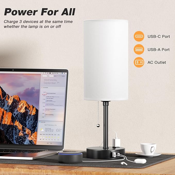Dicoool 18Inch Tall Bedroom Lamps with USB C and A Ports 3 Color Temperatures - Pull Chain White Nightstand Bedside Table Lamp with AC Outlet, Side Lamp for Living Room End Table - LeafyLoom