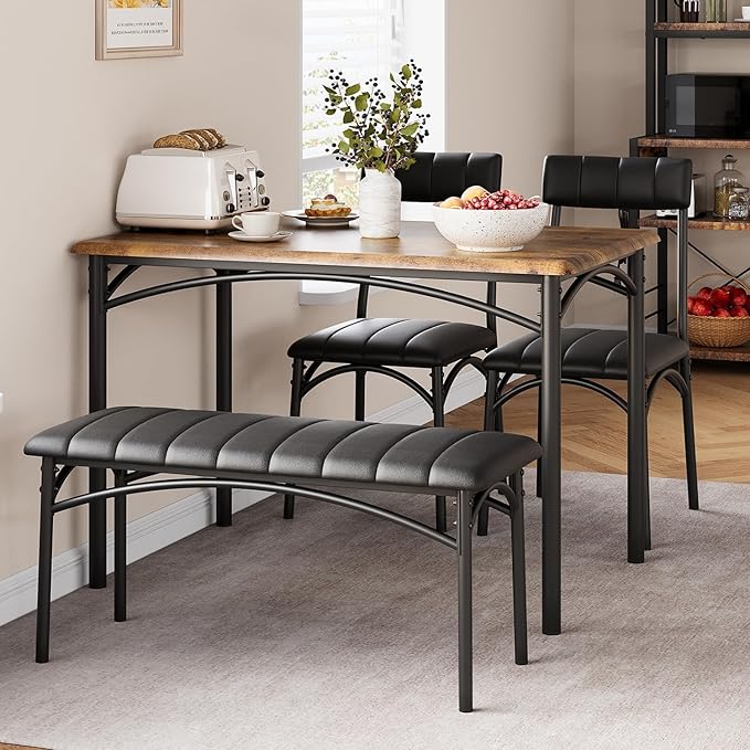 GAOMON Dining Table Set for 4, Kitchen Table with Upholstered Chairs and Bench, 4-Person Dining Room Table Set, Rectangular Kitchen Table Set for Small Space, Apartment, Home, Studio, Rustic Brown - LeafyLoom