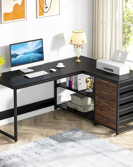 59-Inch L Shaped Desk with Drawers, Large Computer Desk with Storage Shelves, Reversible L-Shaped Corner Desk Workstation for Home Office - LeafyLoom