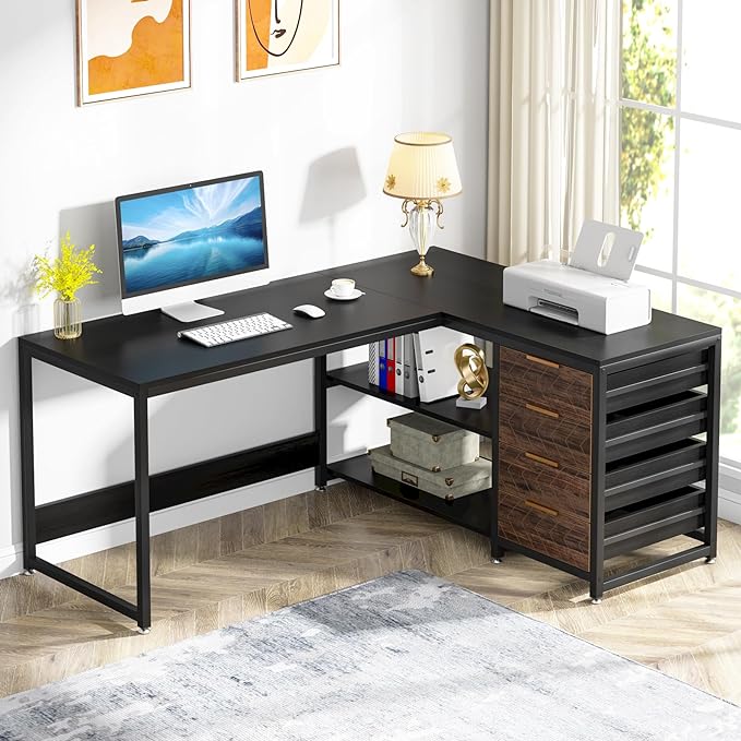 59-Inch L Shaped Desk with Drawers, Large Computer Desk with Storage Shelves, Reversible L-Shaped Corner Desk Workstation for Home Office - LeafyLoom