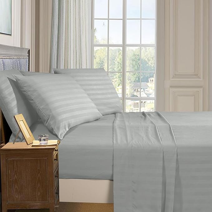 Elegant Comfort Softest and Coziest 4-Piece Sheet Set - 1500 Premium Hotel Quality Microfiber - Deep Pocket, Wrinkle Resistant 4-Piece Damask Stripe Bed Sheet Set, Twin XL, Silver - LeafyLoom