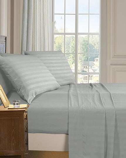 Elegant Comfort Softest and Coziest 6-Piece Sheet Set - 1500 Premium Hotel Quality Microfiber - Deep Pocket, Wrinkle Resistant 6-Piece Damask Stripe Bed Sheet Set, Full, Silver - LeafyLoom