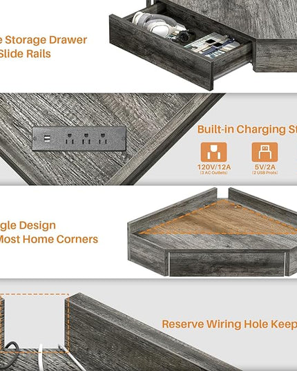 armocity Floating Corner Desk with Outlets & USB Ports, Wall-Mounted Corner Table for Small Space, Triangle Computer Desk with Drawer for Home Office, Vanity Desk, Corner Space, Bedroom, Gray - LeafyLoom