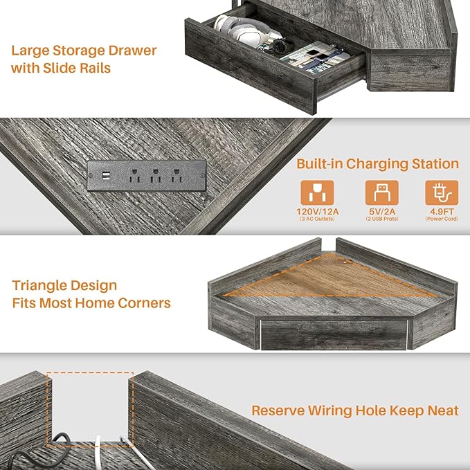 armocity Floating Corner Desk with Outlets & USB Ports, Wall-Mounted Corner Table for Small Space, Triangle Computer Desk with Drawer for Home Office, Vanity Desk, Corner Space, Bedroom, Gray - LeafyLoom