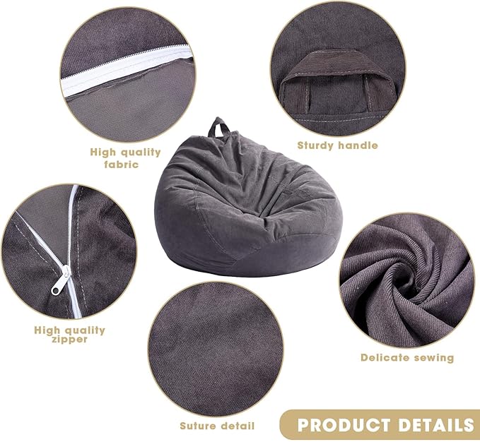 2 Pcs Bean Bag Cover Stuffed Animal Storage Bean Bag Chair Cover Soft Corduroy Stuffed Animal Bean Bag Storage for Kids Adults Indoor Bedroom Organizing Plush Toys(Dark Grey, 150L) - LeafyLoom