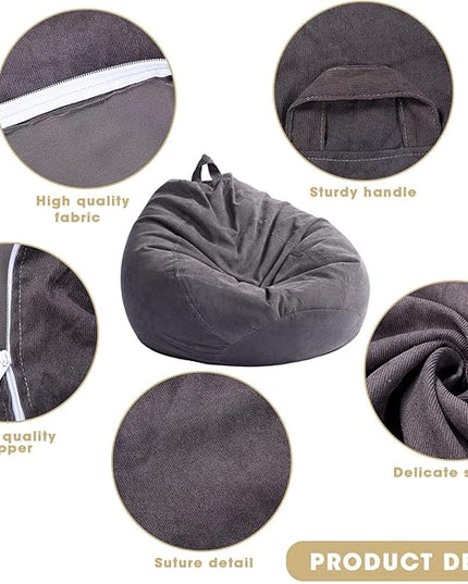 2 Pcs Bean Bag Cover Stuffed Animal Storage Bean Bag Chair Cover Soft Corduroy Stuffed Animal Bean Bag Storage for Kids Adults Indoor Bedroom Organizing Plush Toys(Dark Grey, 200L) - LeafyLoom