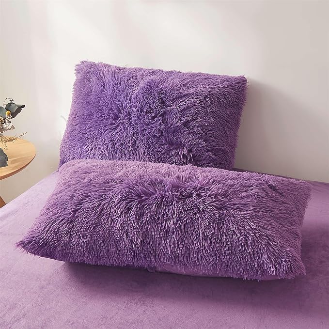Fluffy dark purple comforters Cover twin size - Ultra Soft Plush red bedding Sets 2 Pieces (1 faux fur comforter Cover + 1 fuzzy pillow case) girls shaggy purple twin bed set (Dark purple, Twin) - LeafyLoom