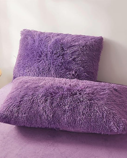FOPPA Dark Purple fluffy Comforter Cover Set king- Ultra Soft fluffy Purple Bedding Sets 3 Pieces (1 Duvet Cover + 2 Pillow case) pink fluffy bed set (Dark Purple, King) - LeafyLoom